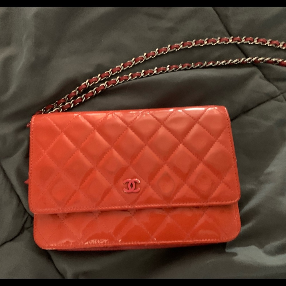CHANEL Red Quilted Patent Mini Flap Bag